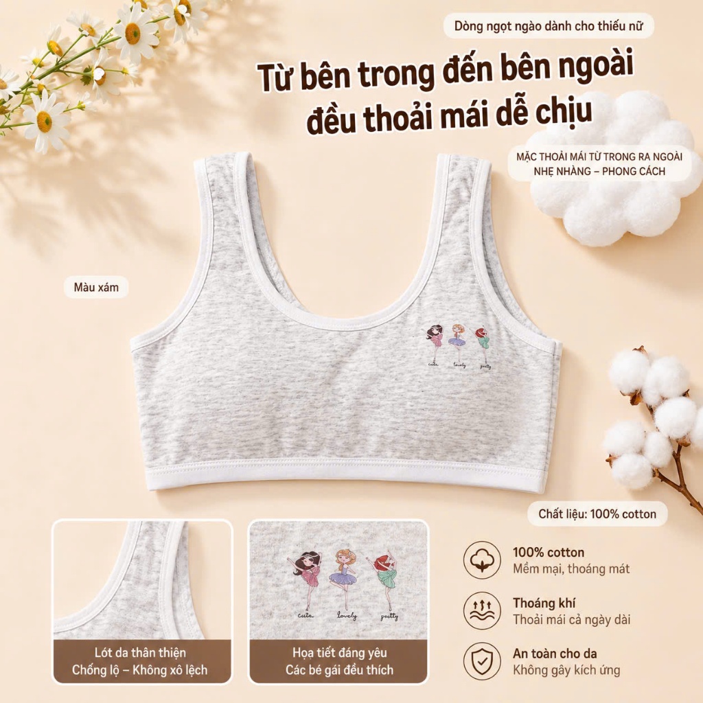 Áo Lá Thiếu Nữ ORA Cotton - Bra Bé Gái Mềm Thoáng Co Giãn Nhẹ Size M-XL