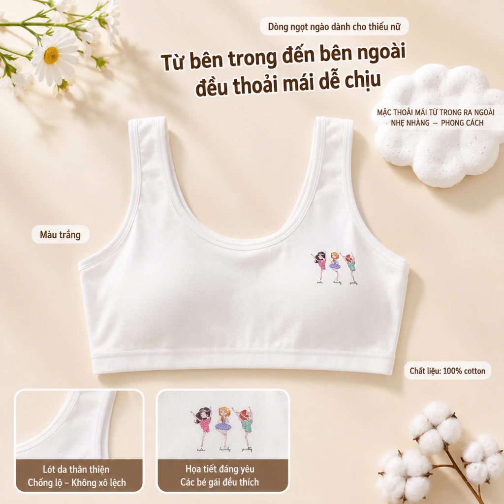 Áo Lá Thiếu Nữ ORA Cotton - Bra Bé Gái Mềm Thoáng Co Giãn Nhẹ Size M-XL