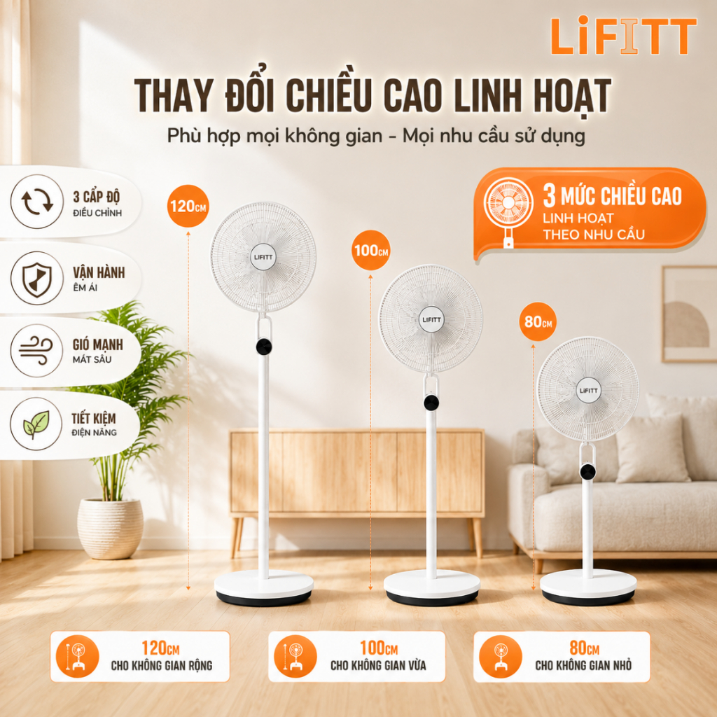 Quạt cây đứng LIFITT chính hãng, quạt điều khiển với 3 tốc độ gió siêu mạnh, tùy chỉnh độ cao 3 tầng