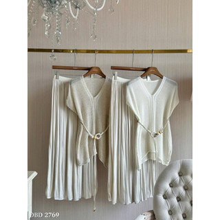 Set Áo Len Mỏng Đai Hạt Mix Chân Váy Maxi Chuẩn Linh Hoàng