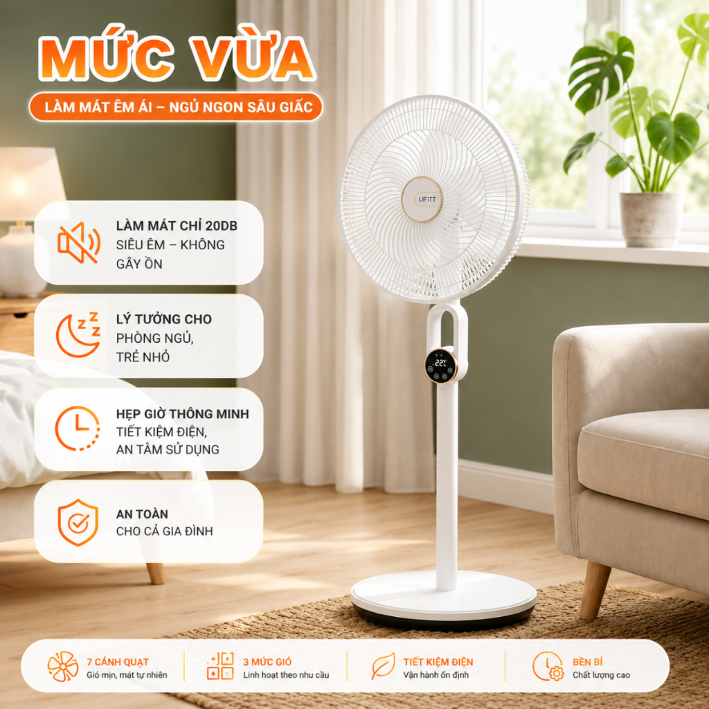 Quạt cây đứng LIFITT công suất 45W, quạt cây nâng hạ 3 khúc điều chỉnh dễ dàng, có điều khiển từ xa