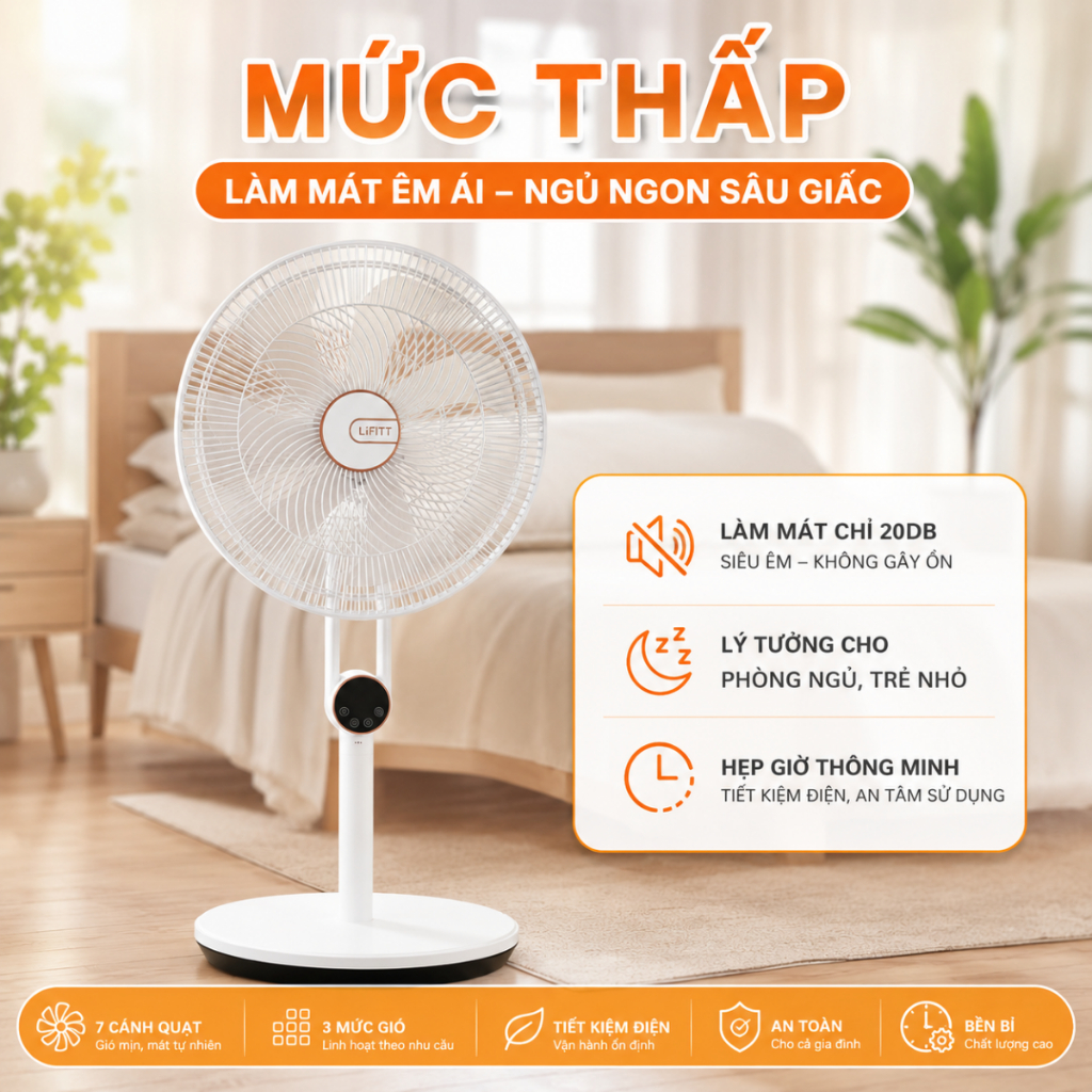Quạt cây đứng LIFITT công suất 45W, quạt cây nâng hạ 3 khúc điều chỉnh dễ dàng, có điều khiển từ xa