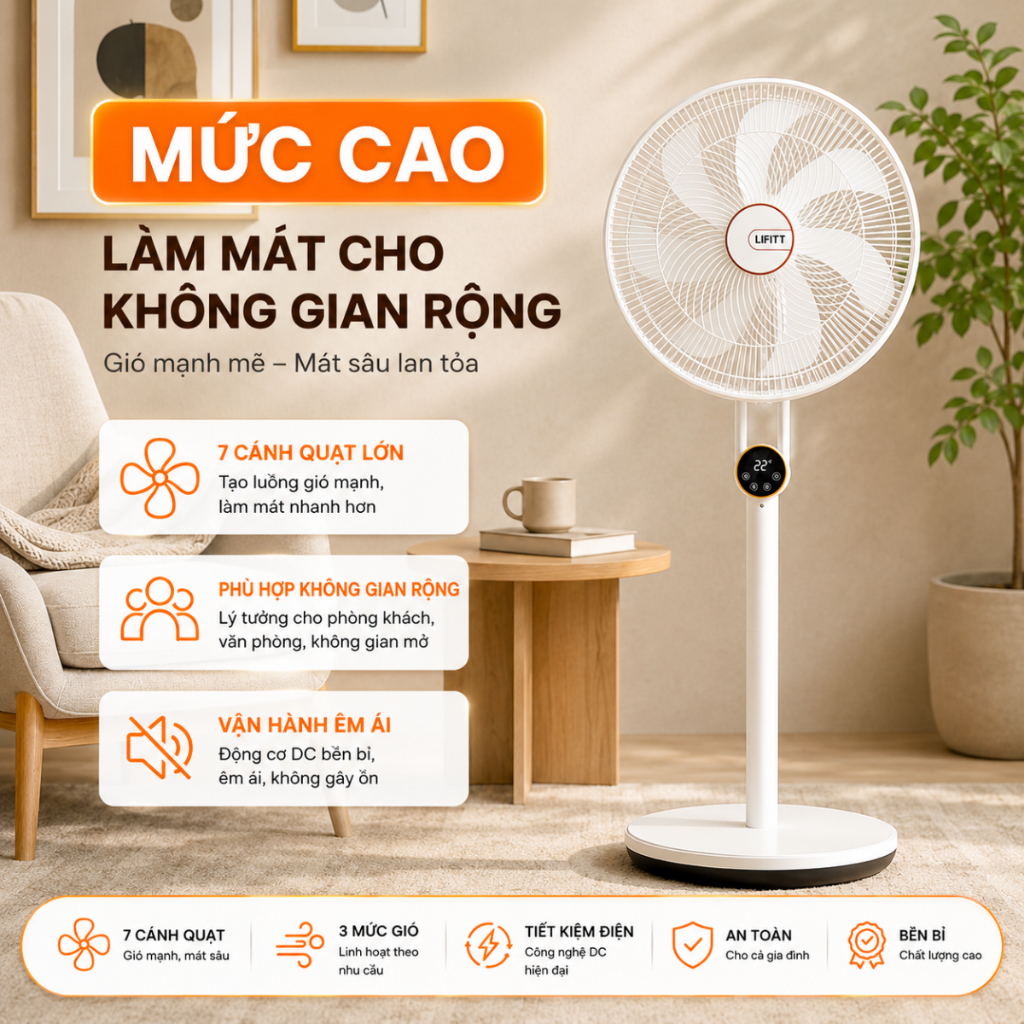 Quạt cây đứng LIFITT chính hãng, quạt điều khiển với 3 tốc độ gió siêu mạnh, tùy chỉnh độ cao 3 tầng