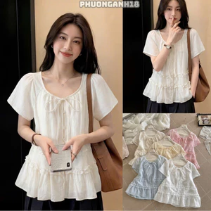 Áo sơmi cộc tay chất tơ thắt nơ hàng QC viền bèo 26108 A214 6424