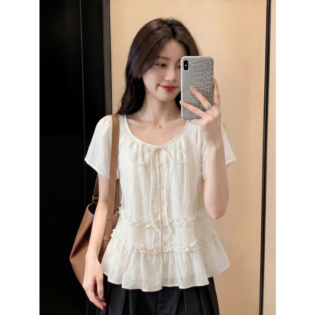 Áo sơmi cộc tay chất tơ thắt nơ hàng QC viền bèo 26108 A214 6424
