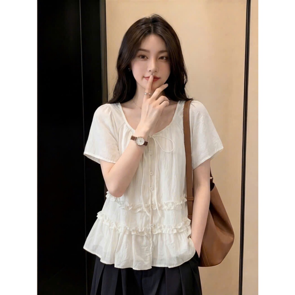 Áo sơmi cộc tay chất tơ thắt nơ hàng QC viền bèo 26108 A214 6424