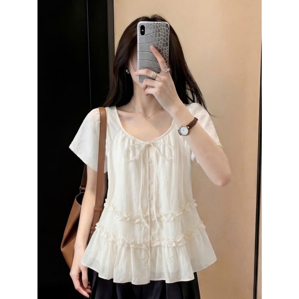 Áo sơmi cộc tay chất tơ thắt nơ hàng QC viền bèo 26108 A214 6424