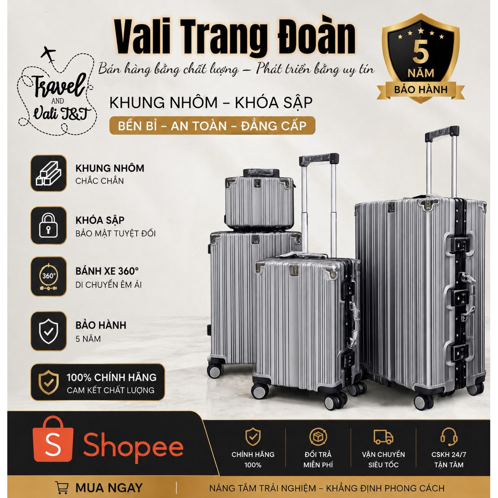 Vali Khung Nhôm Chính Hãng Trang Đoàn Ảnh Thật -  2 Ngăn Kín Chống Nước - Có Khay Để Cốc-BH 5 NĂM-ĐỔI MỚI TRONG 15 NGÀY | BigBuy360 - bigbuy360.vn