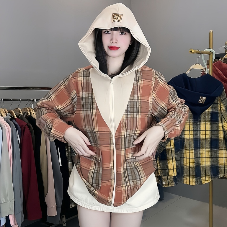 ( túi trong có khóa kéo ) Áo Khoác Sơ Mi Dạ Flannel Kẻ Caro  Nam , Nữ -Có Nón