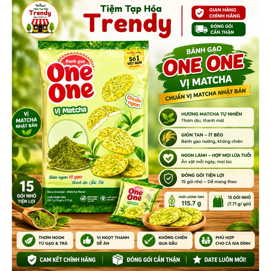 Bánh Gạo One One Vị Matcha 115.7G - Healthy Food Chuẩn Vị Matcha Nhật Bản Bịch 15 Gói Nhỏ