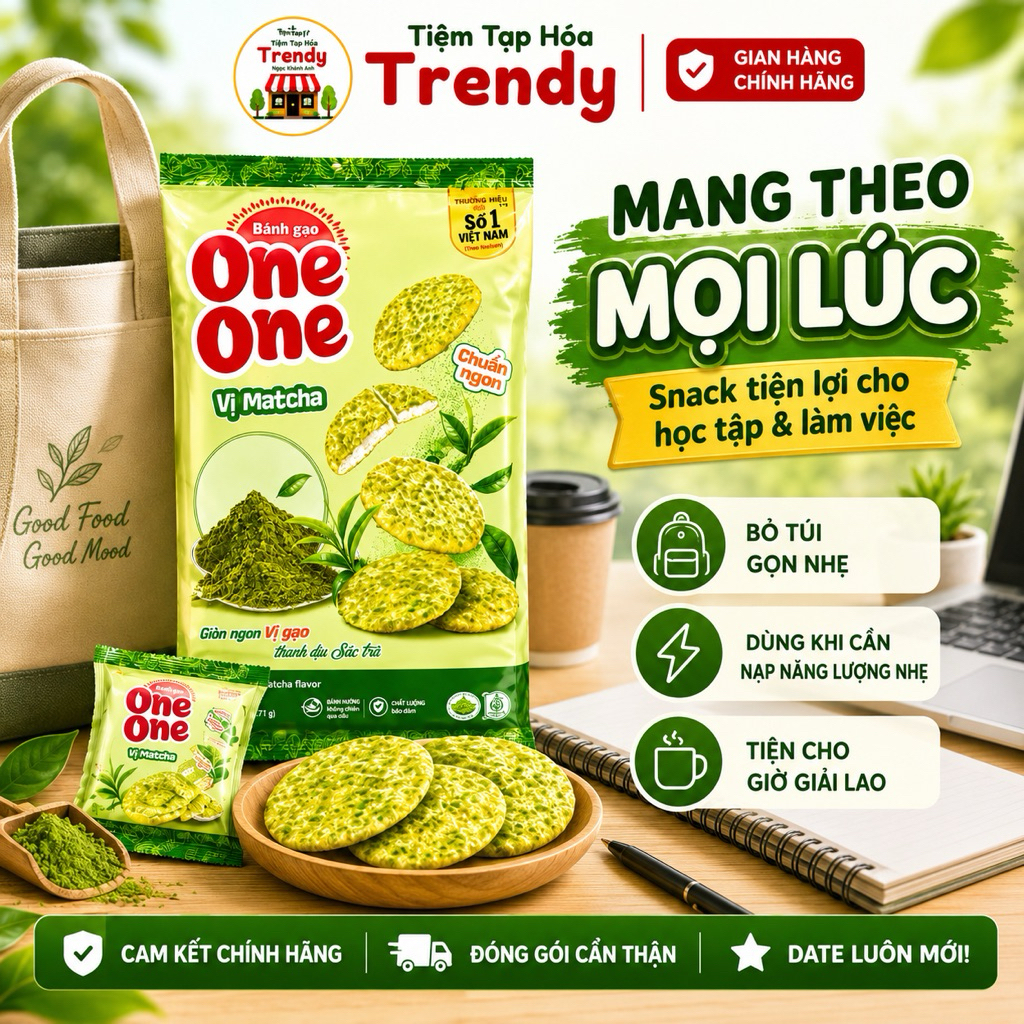 Bánh Gạo One One Vị Matcha 115.7G - Healthy Food Chuẩn Vị Matcha Nhật Bản Bịch 15 Gói Nhỏ
