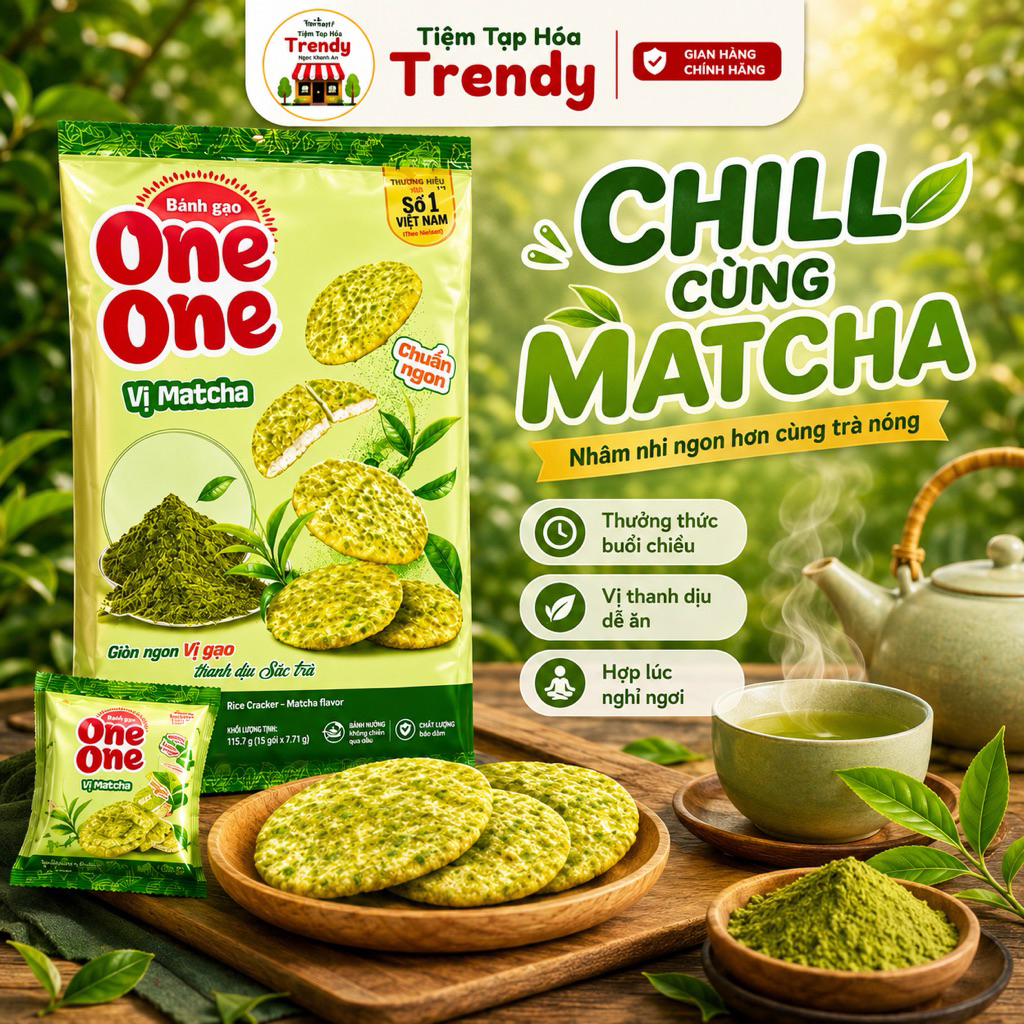 Bánh Gạo One One Vị Matcha 115.7G - Healthy Food Chuẩn Vị Matcha Nhật Bản Bịch 15 Gói Nhỏ