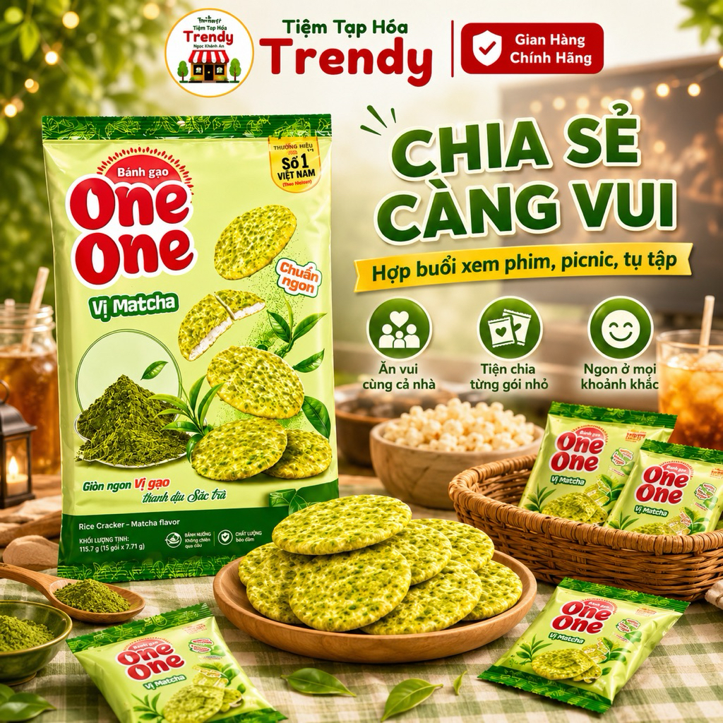 Bánh Gạo One One Vị Matcha 115.7G - Healthy Food Chuẩn Vị Matcha Nhật Bản Bịch 15 Gói Nhỏ