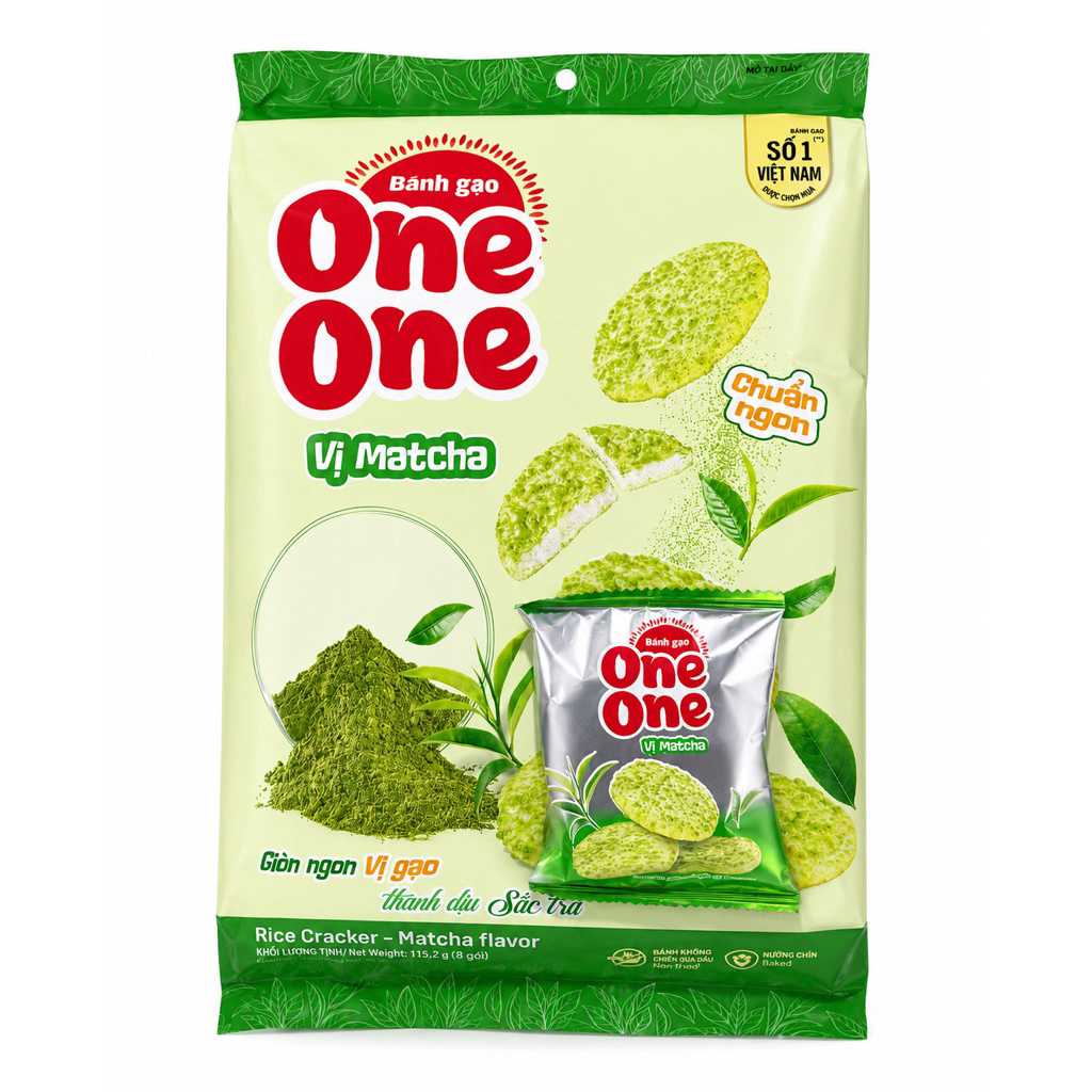 Bánh Gạo One One Vị Matcha 115.7G - Healthy Food Chuẩn Vị Matcha Nhật Bản Bịch 15 Gói Nhỏ