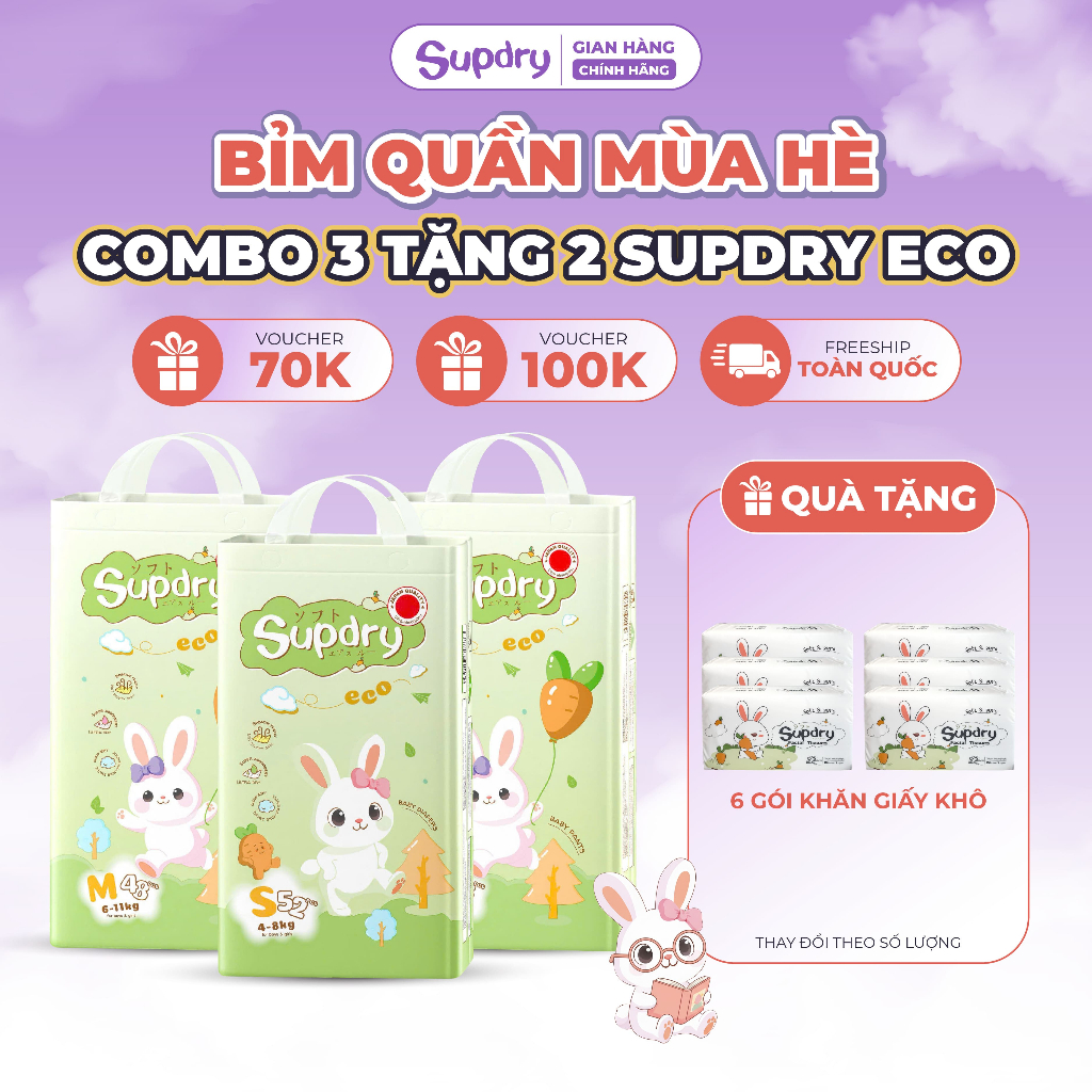 [COMBO 3 Tặng 2] Bịch Tã/ Bỉm Quần Supdry, Bỉm Supdry Eco Êm Ái, Khô Thoáng, Thấm hút tốt Cho bé M, L, XL, XXL, 3XL