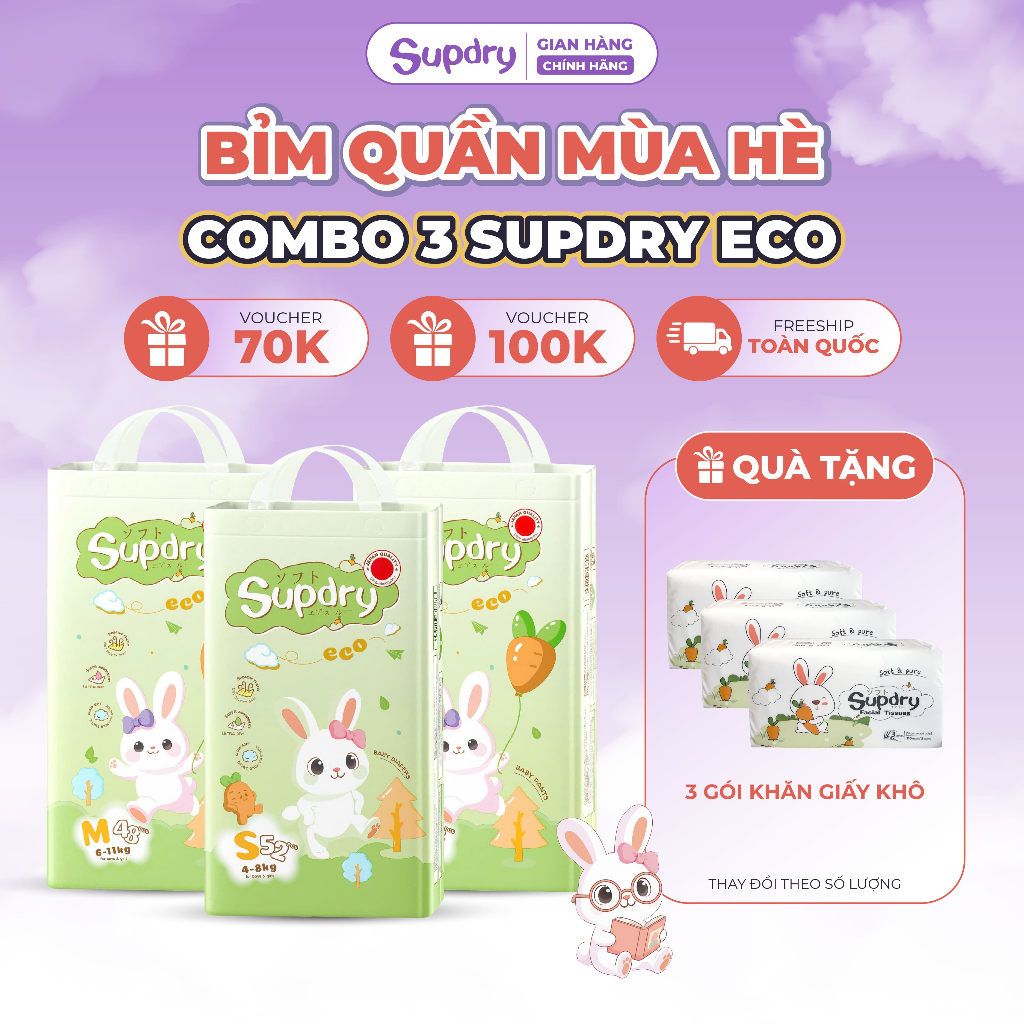 (CÓ QUÀ) COMBO 3 Tã/ Bỉm Quần Supdry, Bỉm Supdry Eco Êm Ái, Khô Thoáng, Thấm hút tốt Cho bé size M, L, XL, XXL, 3XL