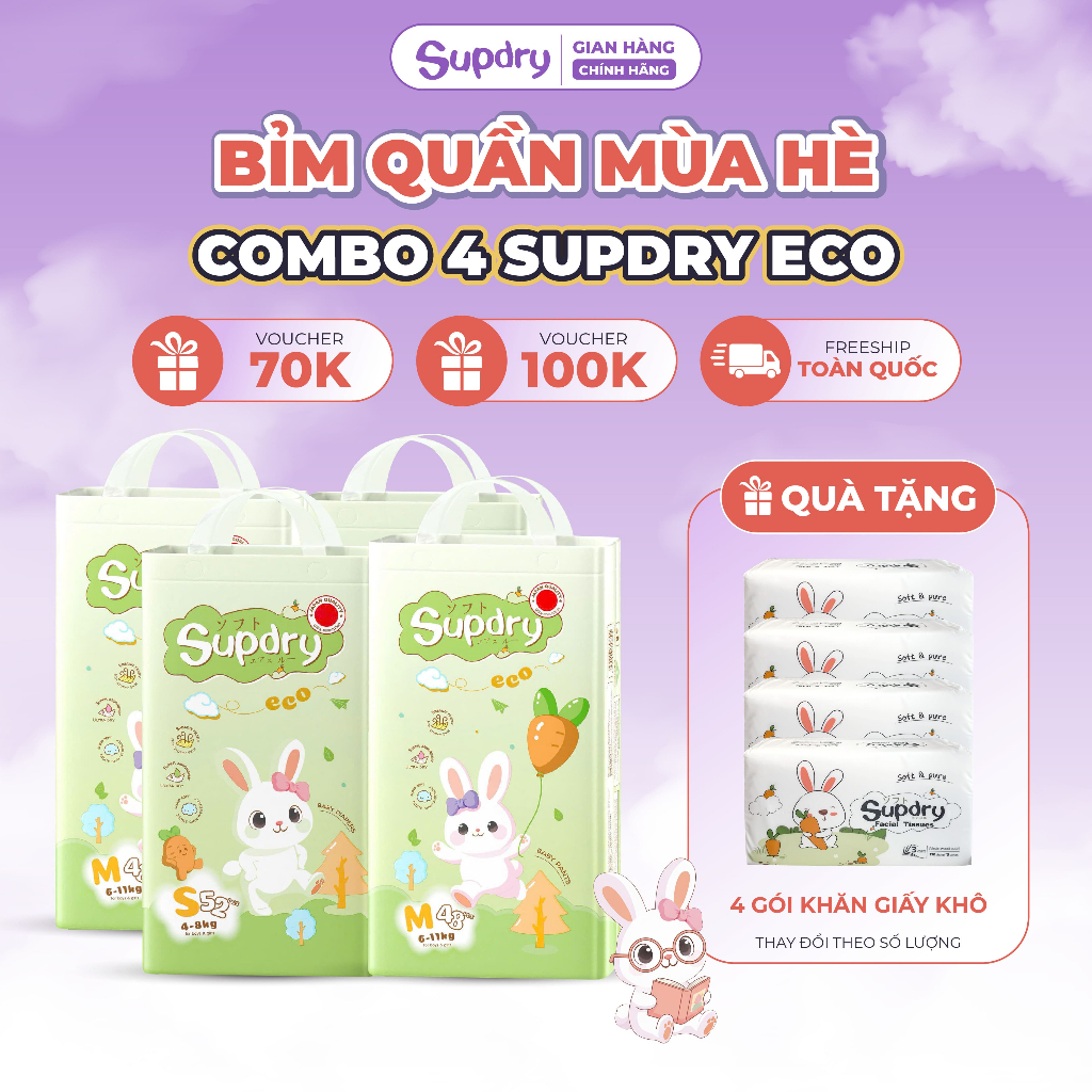 (CÓ QUÀ) COMBO 4 Tã/ Bỉm Quần Supdry, Bỉm Supdry Eco Êm Ái, Khô Thoáng, Thấm hút tốt Cho bé size M, L, XL, XXL, 3XL