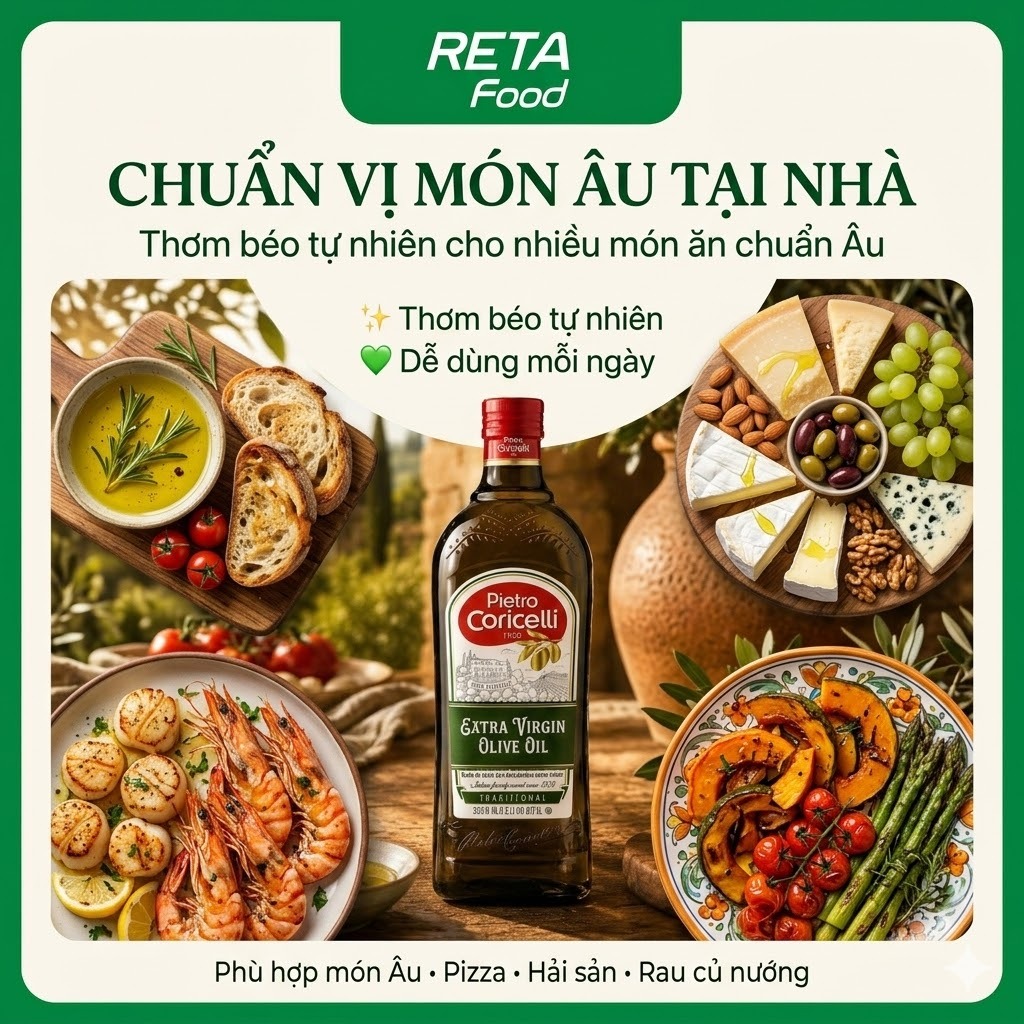 Dầu Oliu Extra Virgin Pietro Coricelli - Dầu Oliu ép lạnh nguyên chất 1L - Dầu Olive ăn trực tiếp, làm sốt nhập khẩu Ý