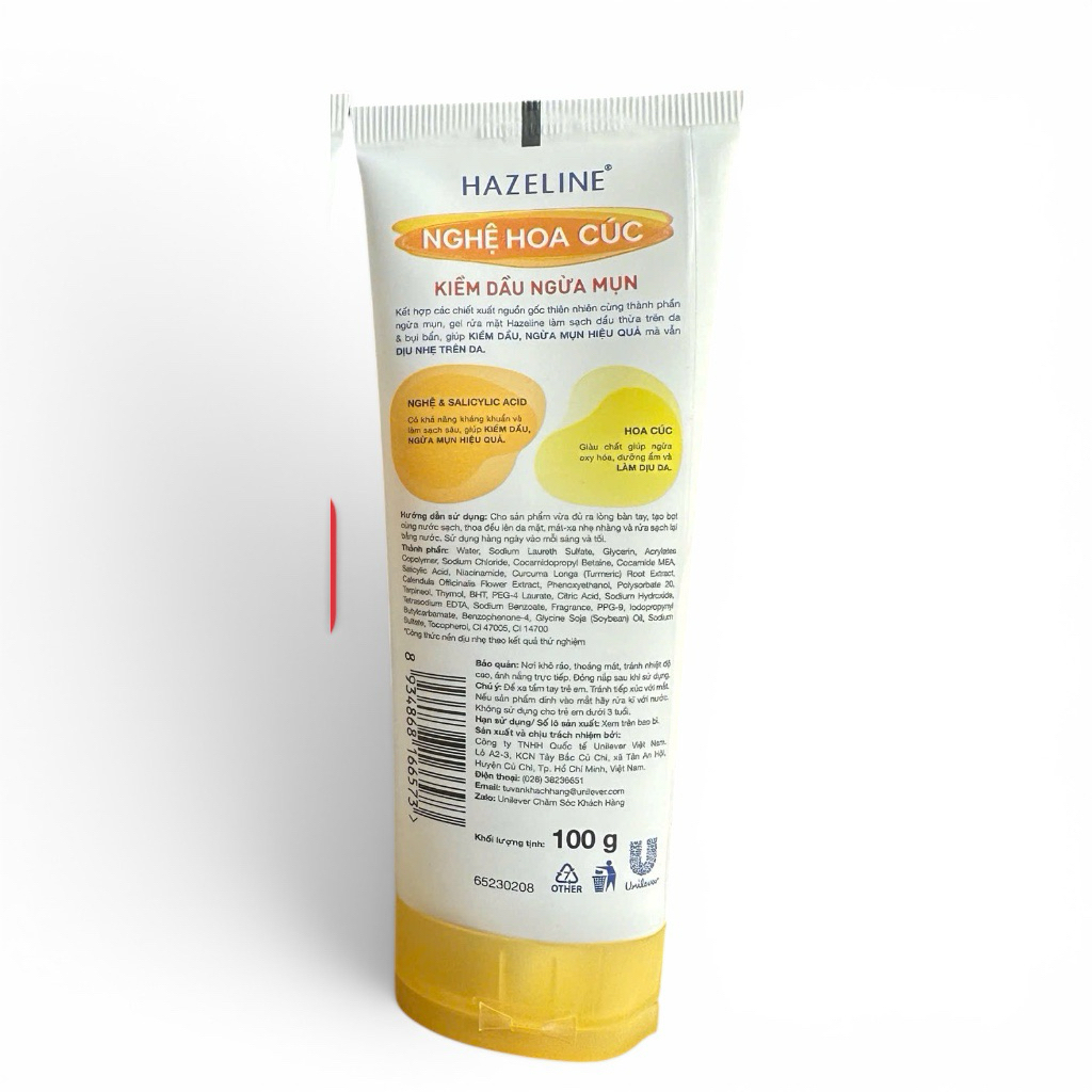Gel Rửa Mặt Hazeline Nghệ Hoa Cúc Kiểm Dầu Ngừa Mụn BHA & Vitamin B3 – Dịu Nhẹ Cho Da Dầu Mụn 100g