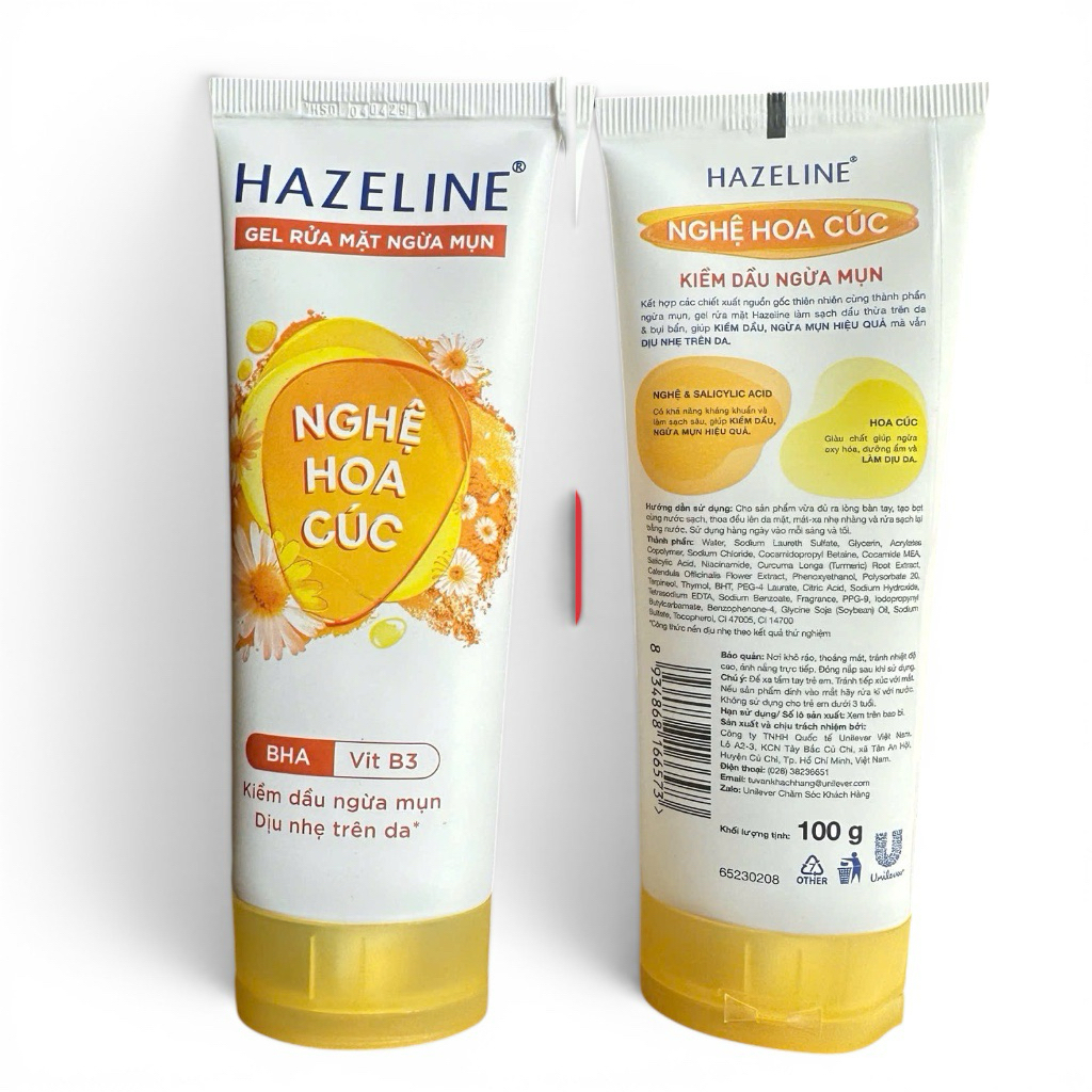 Gel Rửa Mặt Hazeline Nghệ Hoa Cúc Kiểm Dầu Ngừa Mụn BHA & Vitamin B3 – Dịu Nhẹ Cho Da Dầu Mụn 100g