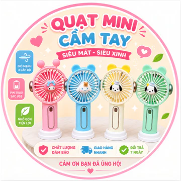 Quạt Mini Cầm Tay Hoạt Hình Dễ Thương Sạc USB 3 Cấp Độ Gió Tích Điện Quạt Cầm Tay Siêu Mát Cho Học Sinh Văn Phòng