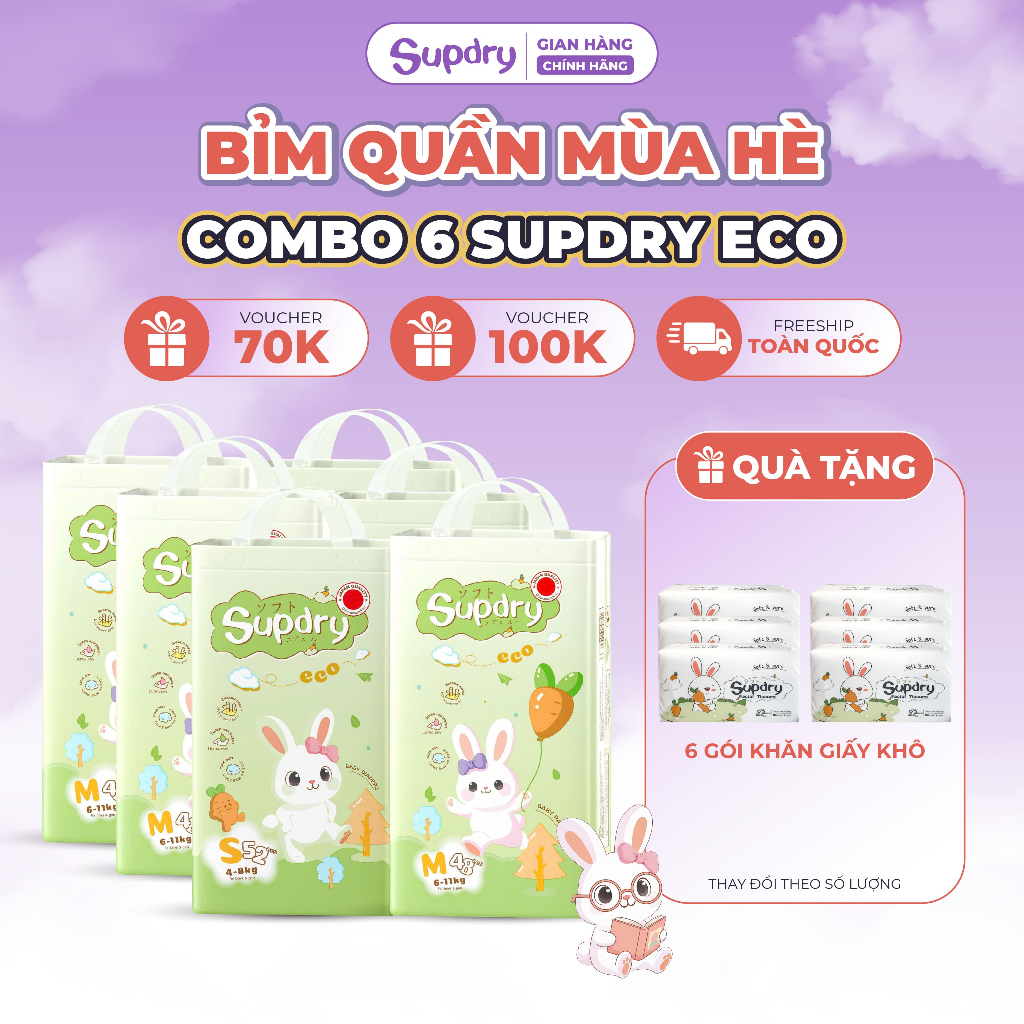 (CÓ QUÀ) COMBO 6 Tã/ Bỉm Quần Supdry, Bỉm Supdry Eco Êm Ái, Khô Thoáng, Thấm hút tốt Cho bé size M, L, XL, XXL, 3XL