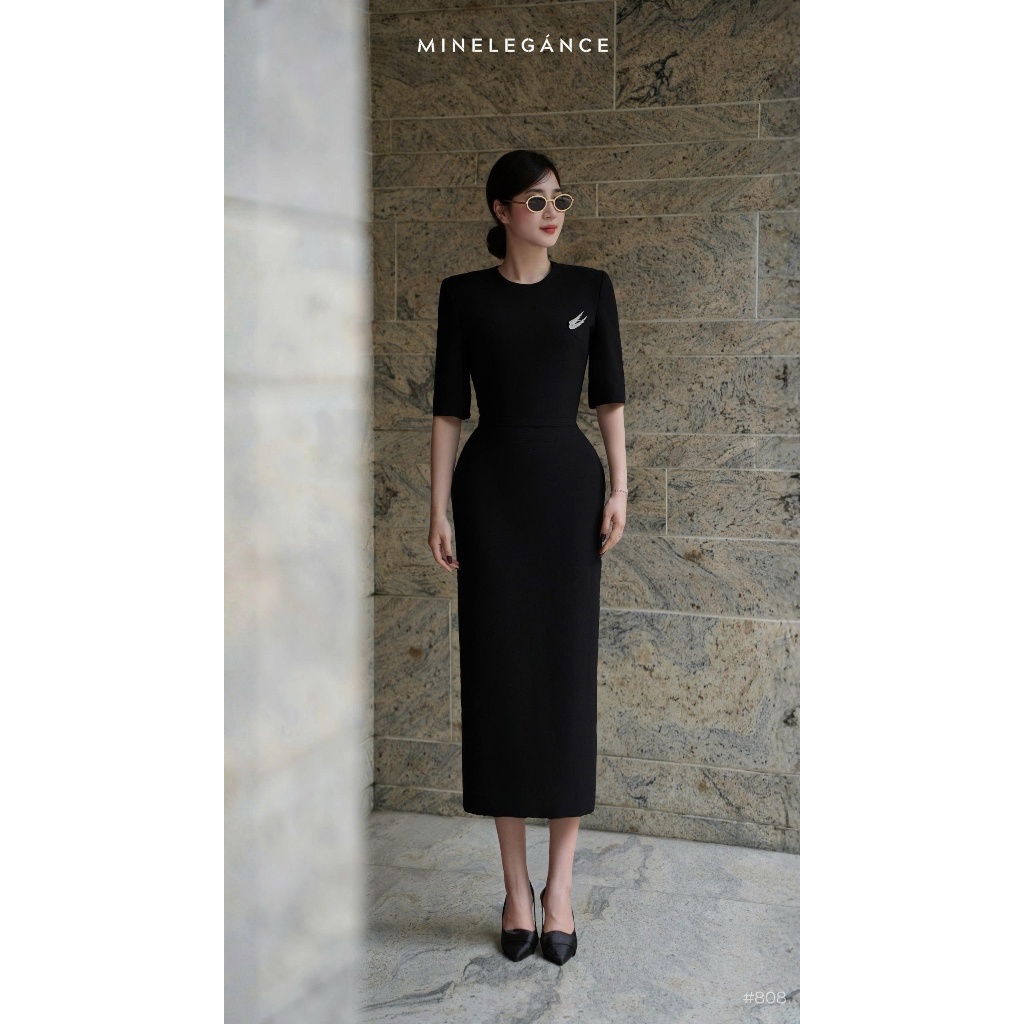 MINELEGÁNCE | VÁY CỔ TRÒN ĐAI ĐÁ DÁNG DÀI, SANG TRỌNG, THANH LỊCH - MIN808