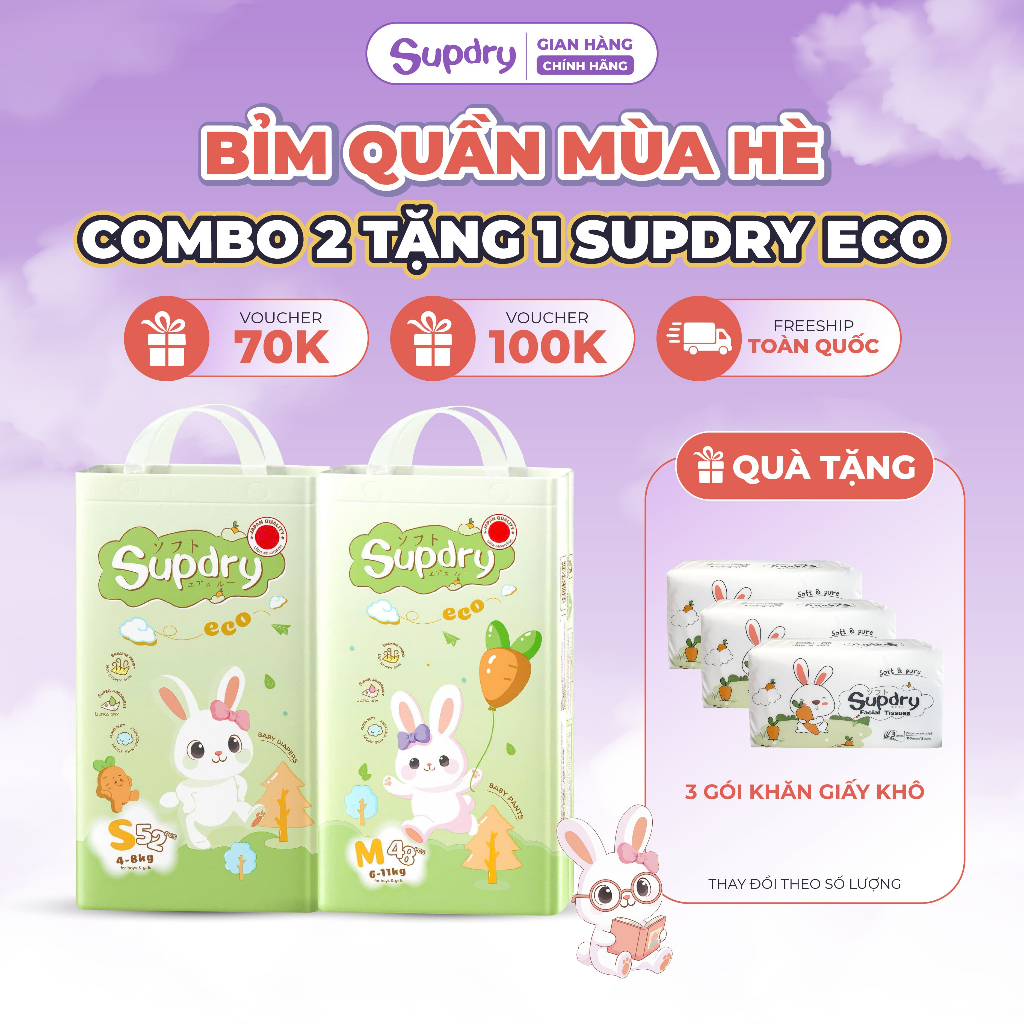 [COMBO 2 Tặng 1] Bịch Tã/ Bỉm Quần Supdry, Bỉm Supdry Eco Êm Ái, Khô Thoáng, Thấm hút tốt Cho bé M, L, XL, XXL, 3XL