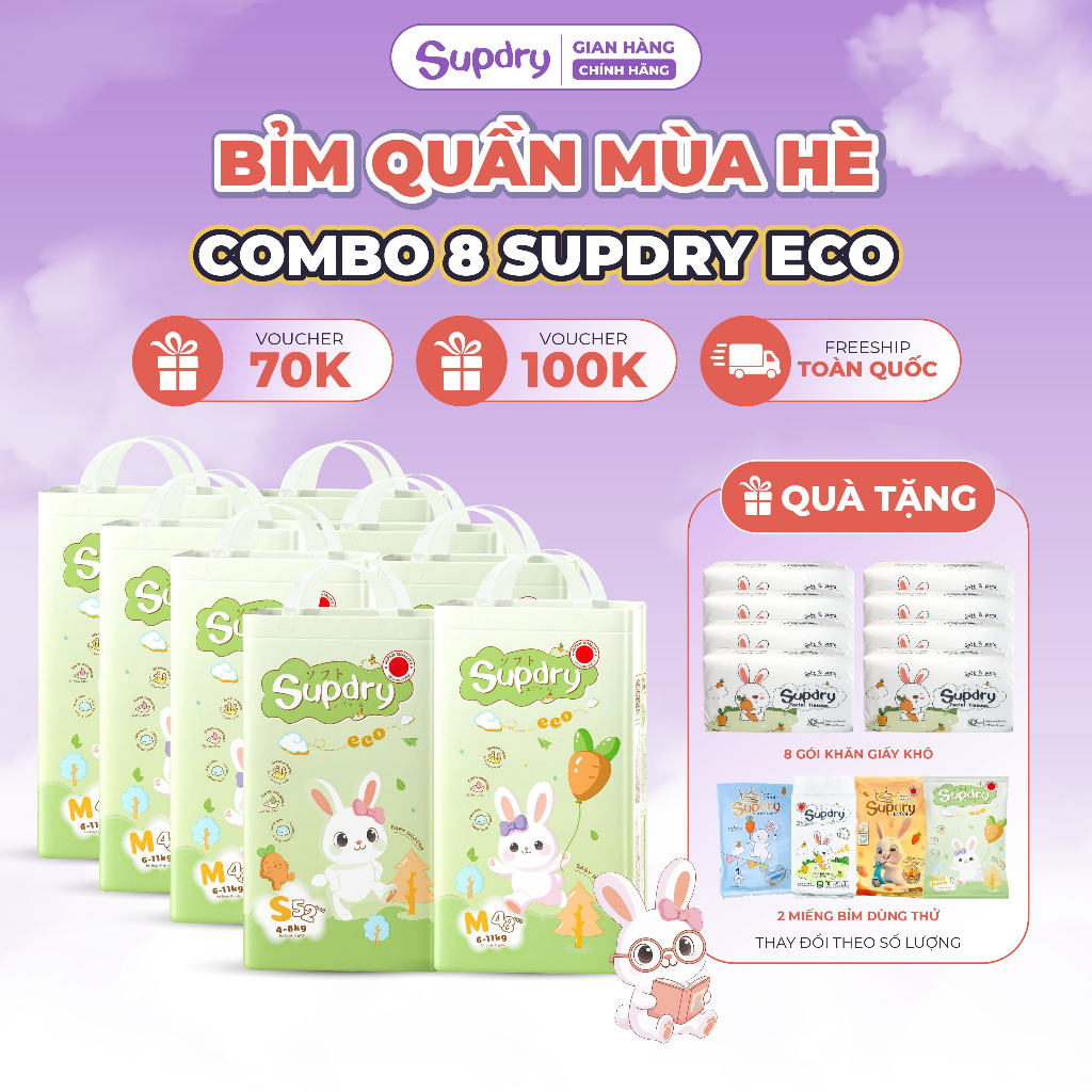 (CÓ QUÀ) COMBO 8 Tã/ Bỉm Quần Supdry, Bỉm Supdry Eco Êm Ái, Khô Thoáng, Thấm hút tốt Cho bé size M, L, XL, XXL, 3XL