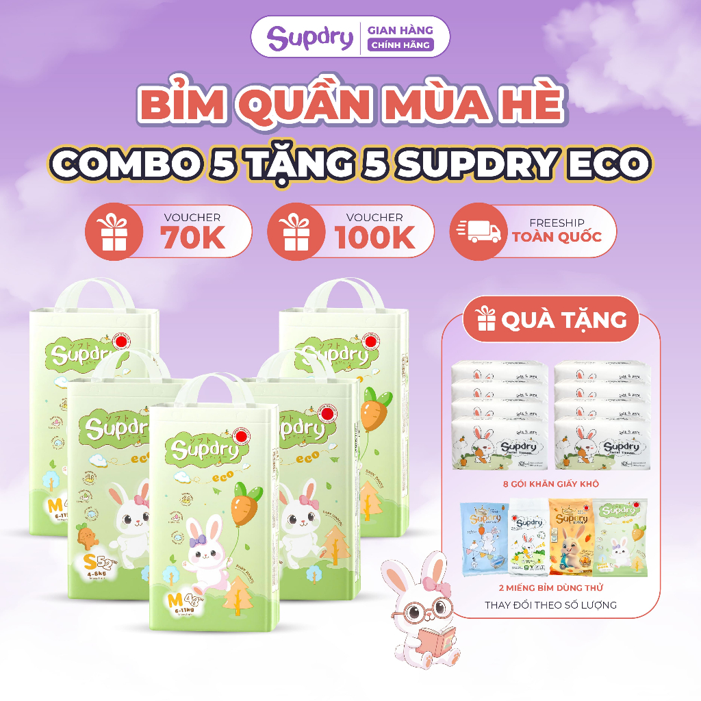 [COMBO 5 Tặng 5] Bịch Tã/ Bỉm Quần Supdry, Bỉm Supdry Eco Êm Ái, Khô Thoáng, Thấm hút tốt Cho bé M, L, XL, XXL, 3XL