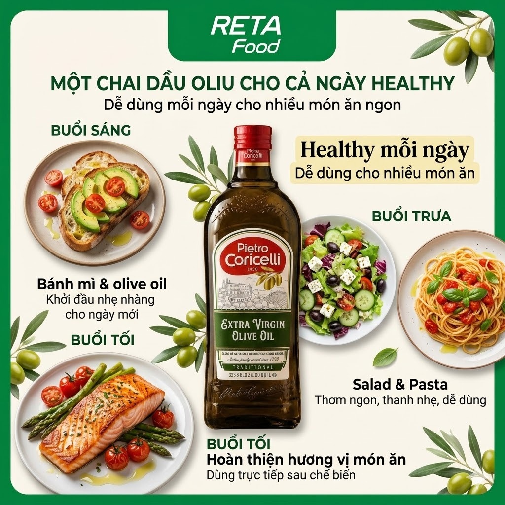 Dầu Oliu Extra Virgin Pietro Coricelli - Dầu Oliu ép lạnh nguyên chất 1L - Dầu Olive ăn trực tiếp, làm sốt nhập khẩu Ý
