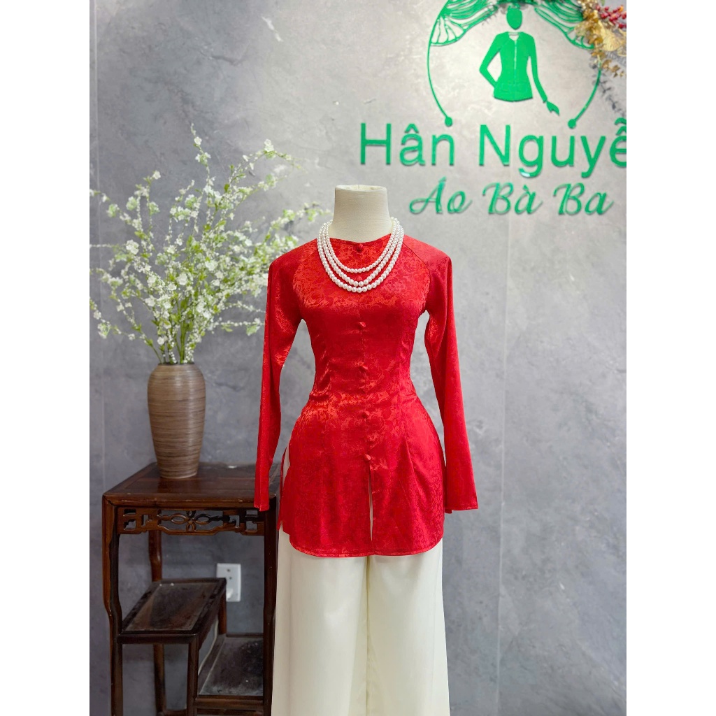 Hân Nguyễn Áo Bà Ba - B.A195 - Áo Bà Ba Gấm Hoa Mẫu Đơn Dây Kéo Cổ Tròn Nút Nụ Bọc ( QUẦN LỤA )