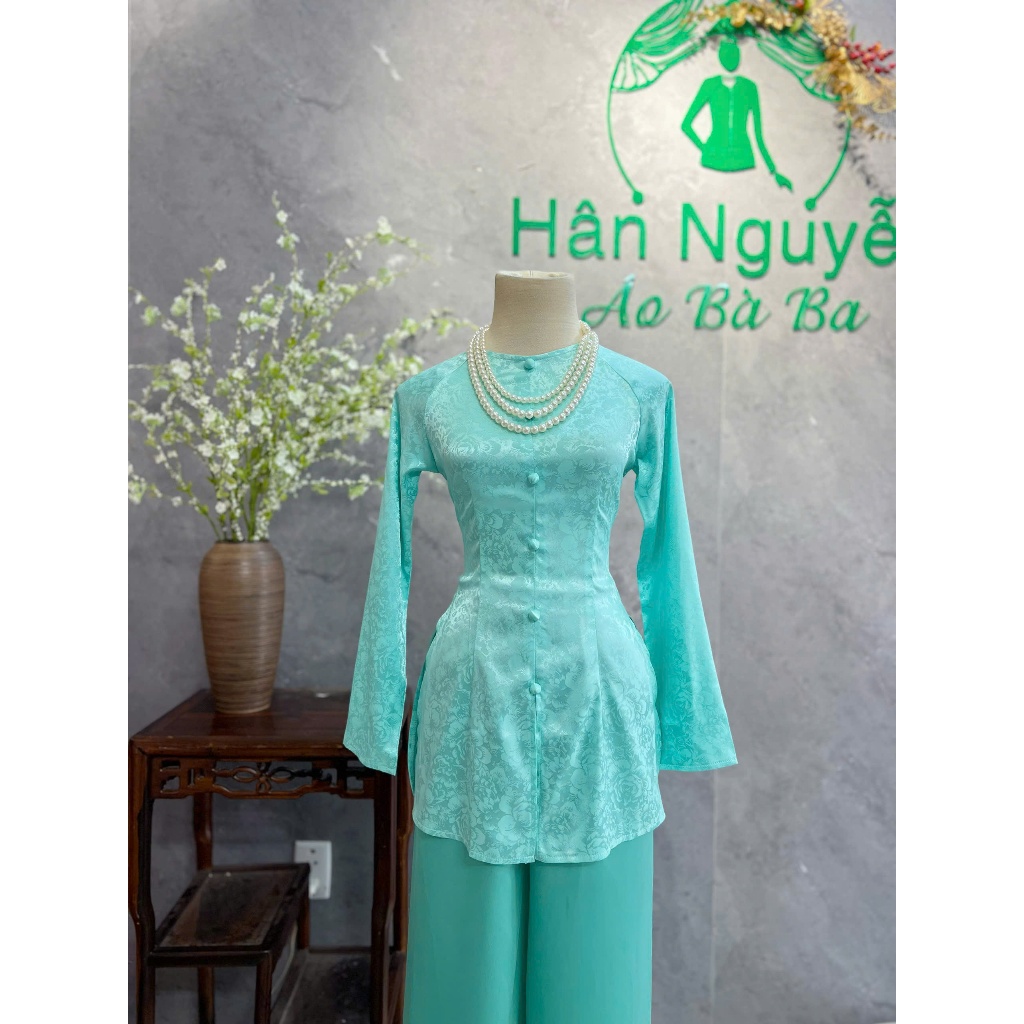 Hân Nguyễn Áo Bà Ba - B.A195 - Áo Bà Ba Gấm Hoa Mẫu Đơn Dây Kéo Cổ Tròn Nút Nụ Bọc ( QUẦN LỤA )