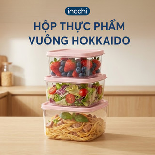 Hộp thực phẩm vuông Inochi -Hokkaido 500ml-750ml-1000ml-1500ml- 2500ml ( Nắp Cam/Hồng/Xanh/Trắng)