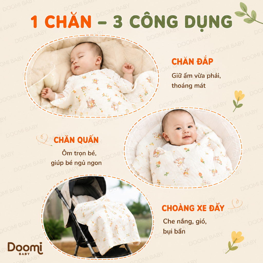 CHĂN ĐẮP HÈ - CHOÀNG HÈ THOÁNG KHÍ - CHĂN QUẤN CHO BÉ 6 LỚP Size 85x85cm Doomi Baby - HT531 -HT833