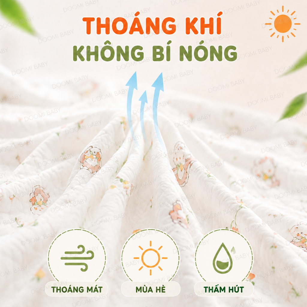 CHĂN ĐẮP HÈ - CHOÀNG HÈ THOÁNG KHÍ - CHĂN QUẤN CHO BÉ 6 LỚP Size 85x85cm Doomi Baby - HT531 -HT833