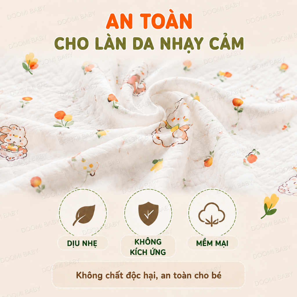 CHĂN ĐẮP HÈ - CHOÀNG HÈ THOÁNG KHÍ - CHĂN QUẤN CHO BÉ 6 LỚP Size 85x85cm Doomi Baby - HT531 -HT833