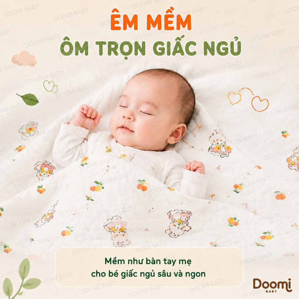 CHĂN ĐẮP HÈ - CHOÀNG HÈ THOÁNG KHÍ - CHĂN QUẤN CHO BÉ 6 LỚP Size 85x85cm Doomi Baby - HT531 -HT833