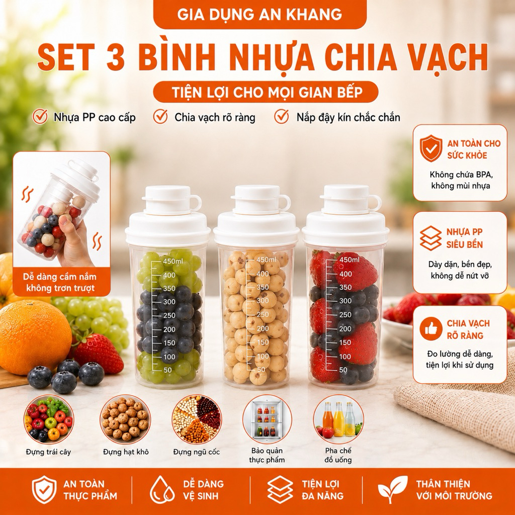 Set 3 Bình Nhựa Có Chia Vạch, Bình Đựng Đồ Đa Năng, Bình Pha Chế Tiện Lợi