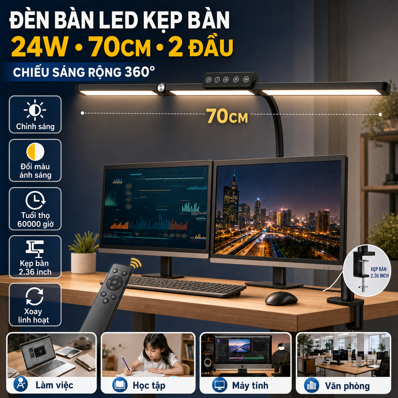 Đèn Bàn LED Kẹp Bàn 24W 70CM, Đèn Làm Việc 2 Đầu Xoay 360°, Chỉnh Sáng, Cho Máy Tính Văn Phòng