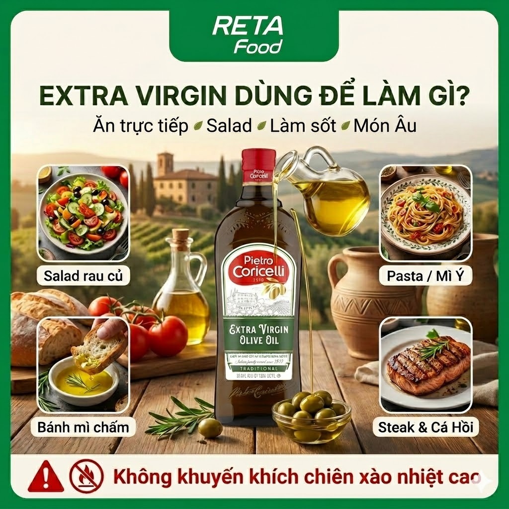 Dầu Oliu Extra Virgin Pietro Coricelli - Dầu Oliu ép lạnh nguyên chất 1L - Dầu Olive ăn trực tiếp, làm sốt nhập khẩu Ý