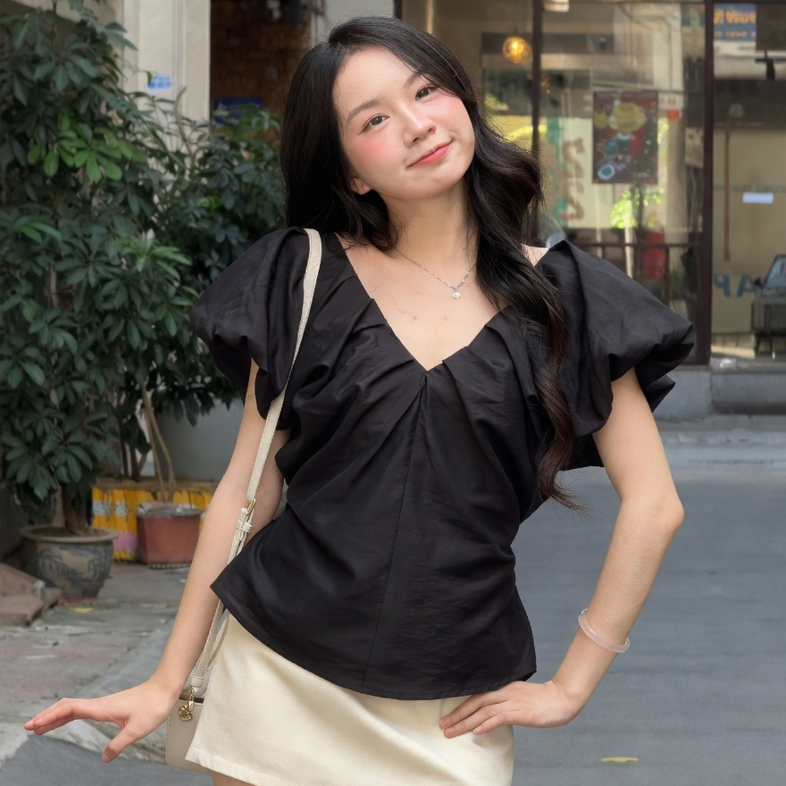 Áo Babydoll Kiểu Nữ Tay Phồng Cổ V Phối Vạt Xếp Li Dây Lưng Đi Biển Mùa Hè Kimee- KA871