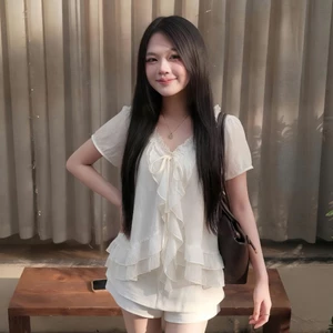 Áo Babydoll Kiểu Nữ Cổ V Tay Cánh Tiên Phối Bèo Nhún Mùa Hè Kimee - KA910