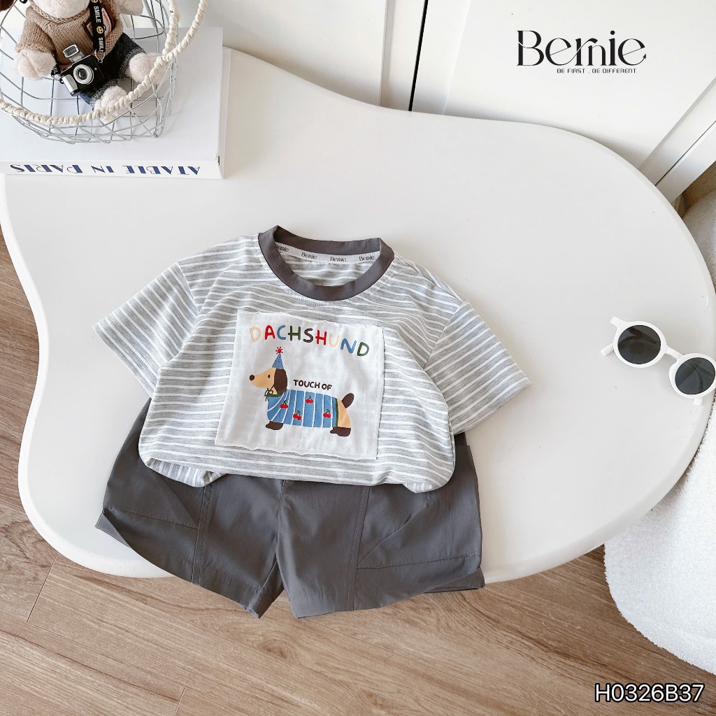Bộ cotton kẻ in hình chú chó tính nghịch, bô thun áo cotton quần kaki cá tính cho bé trai