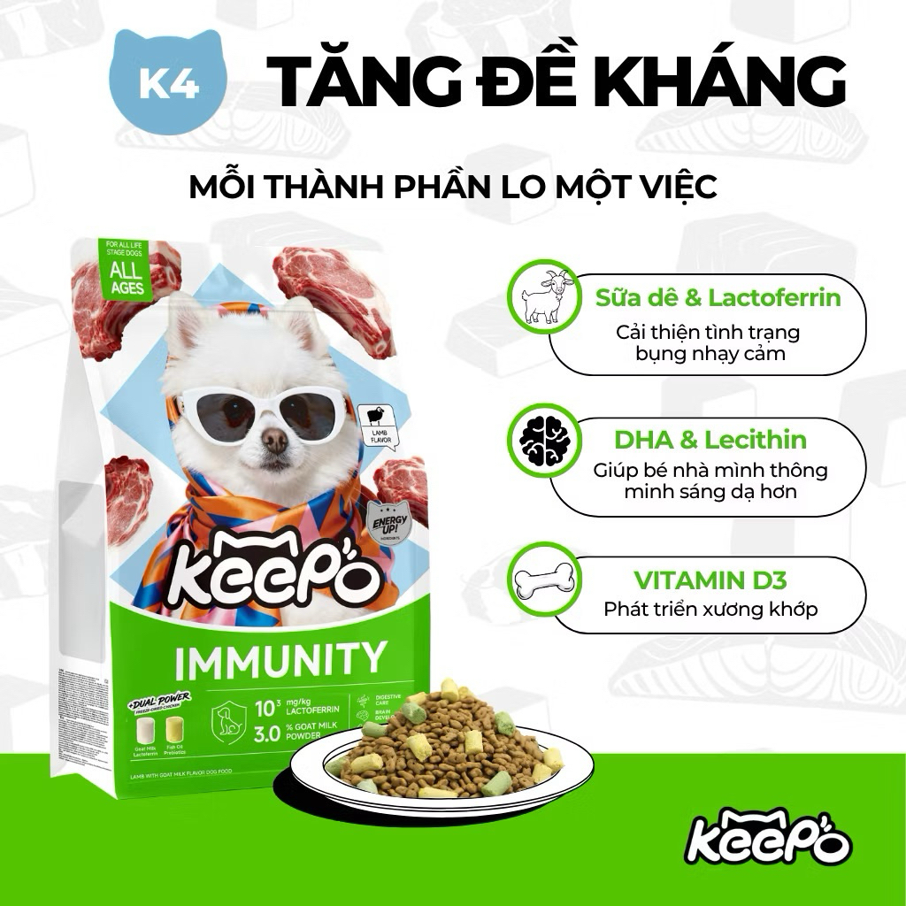 Hạt Cho Chó Keepo K4 1KG Thịt Cừu & Sữa Dê, DHA & Vitamin D3, Hỗ Trợ Miễn Dịch, Não Bộ & Xương Khớp