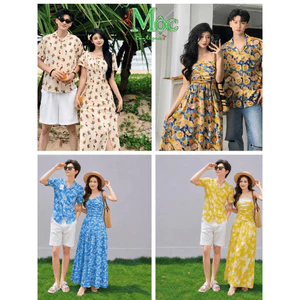 TỔNG HỢP_ Đồ đôi, Set couple áo cặp sơ mi nam kèm đầm dài Lụa hoa xinh cho cặp đôi