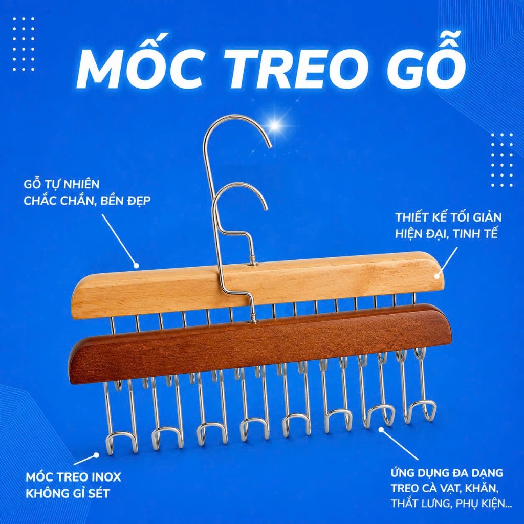Móc Gỗ Treo Đồ Lót Đa Năng HoangNam Living – Giá Treo Áo Ngực, Cà Vạt, Thắt Lưng, Phụ Kiện Cao Cấp (8 Nhánh)