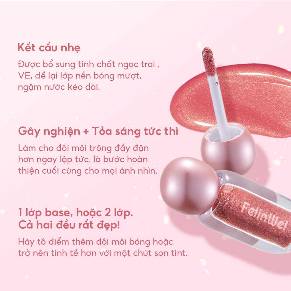 FelinWel - Son Bóng Lấp Lánh Dưỡng Ẩm, Bóng Rực Rỡ Không Dính, Kết Cấu Tươi Mát Có Thể Layering, 3 Sắc Thái
