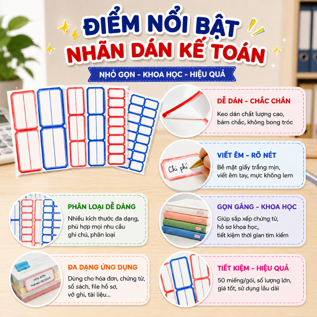 [100 TỜ]Nhãn Dán Kế Toán Phân Loại Hồ Sơ Chứng Từ - Tem Dán Nhiều Kích Thước, Dễ Viết, Keo Dính Chắc