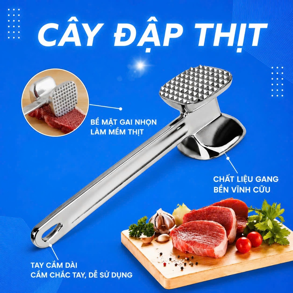 Cây Đập Thịt IHoangNam Living – Dụng Cụ Dần Thịt 2 Đầu , Làm Mềm Thịt, Giã Gia Vị Đa Năng